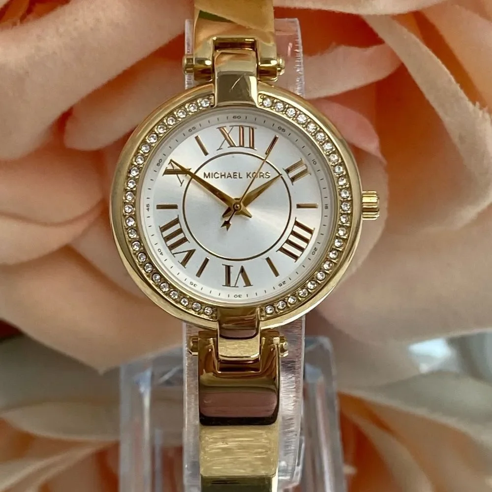 Michael Kors Mini Laney Crystal Accented Bezel Gold-Tone Bangle Watch